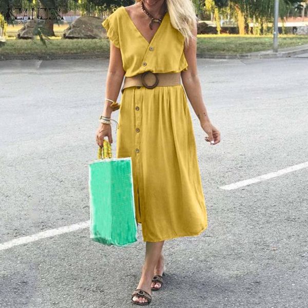 casual dresses 2021 summer sundress zanzea women sleeveless elegant dress lady v-neck mid calf vestidos solid loose robe femme plus size, Black;gray